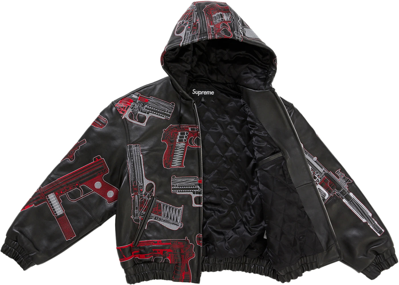 Supreme Guns Embroidered Hooded Leather Jacket Black - vue secondaire B