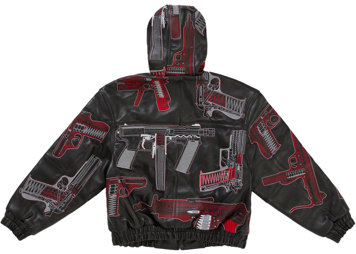 Supreme Guns Embroidered Hooded Leather Jacket Black - vue secondaire B