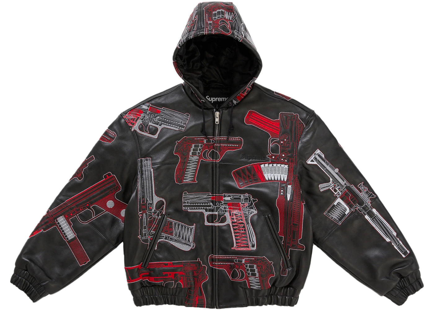 Supreme Guns Embroidered Hooded Leather Jacket Black - vue secondaire A