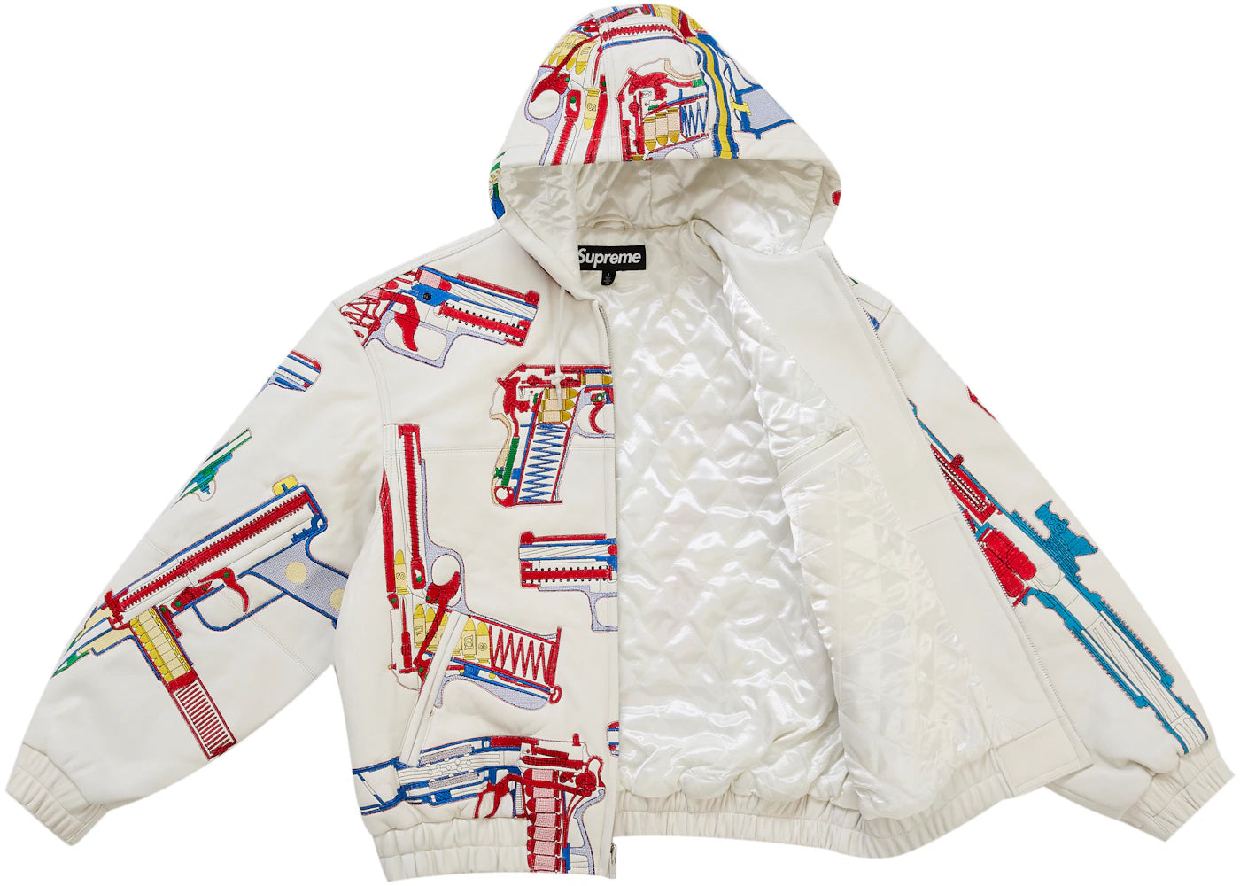 Supreme Guns Embroidered Hooded Leather Jacket White - vue secondaire B