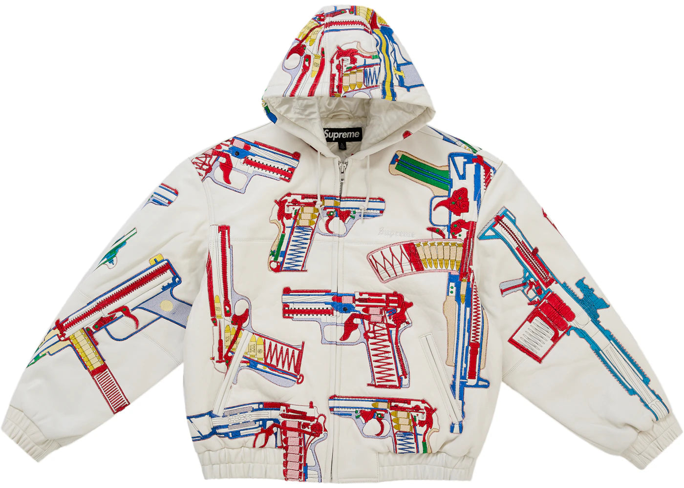 Supreme Guns Embroidered Hooded Leather Jacket White - vue secondaire A