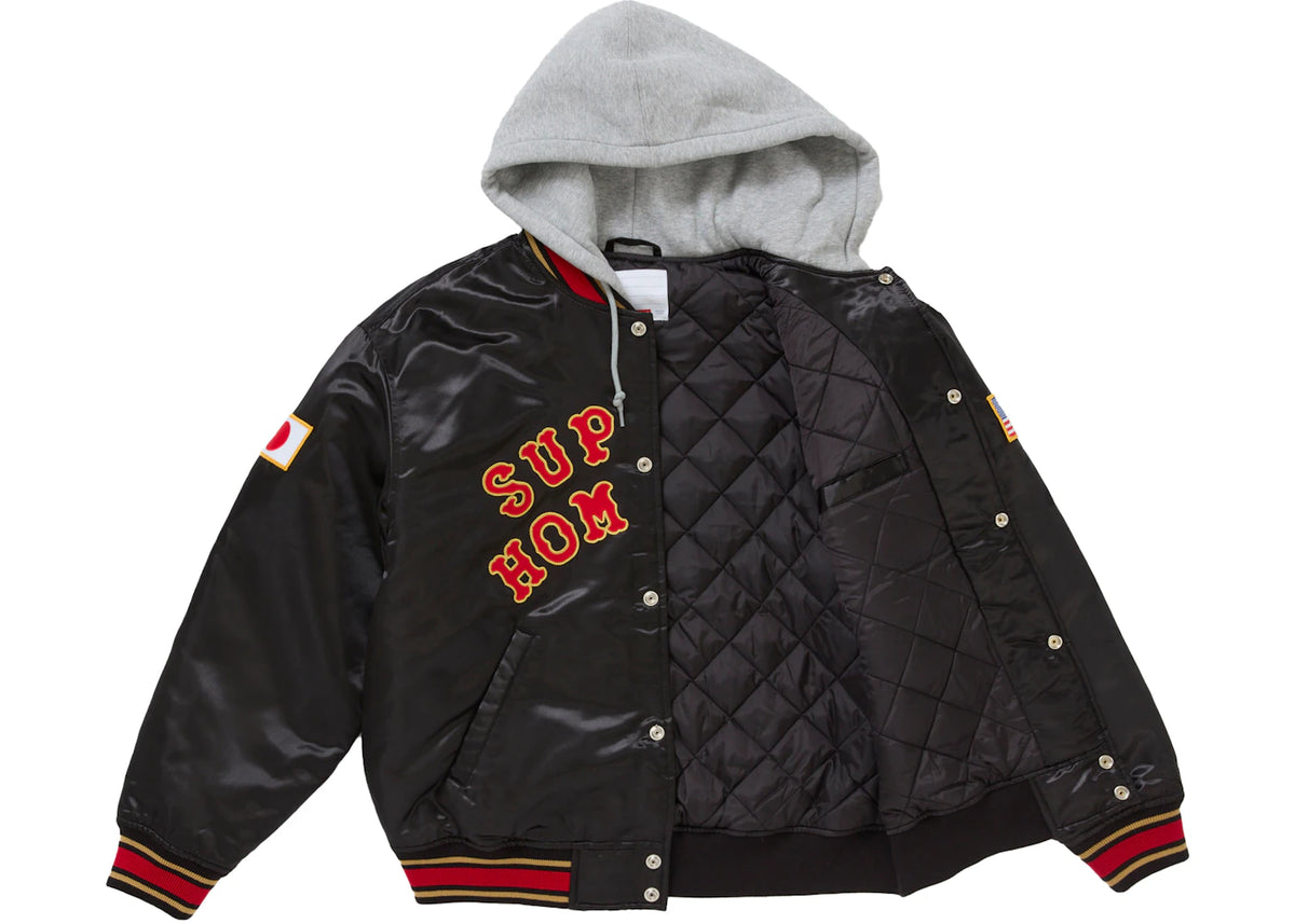 Supreme Homerun Satin Hooded Varsity Jacket Black - vue secondaire B