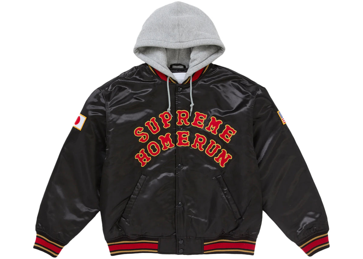 Supreme Homerun Satin Hooded Varsity Jacket Black - vue secondaire A