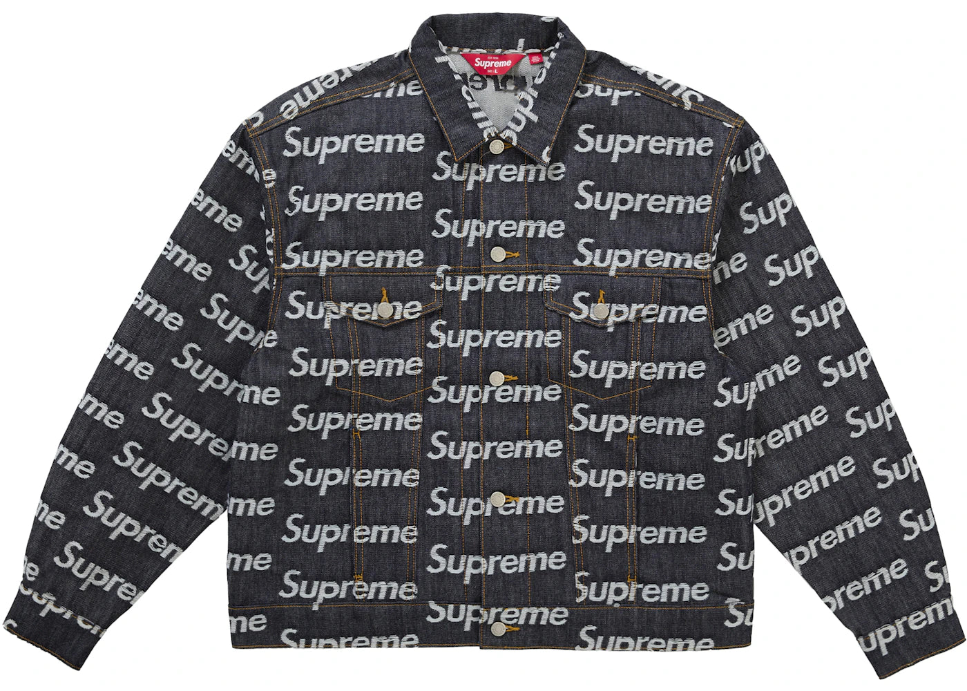 Supreme Jacquard Logos Denim Trucker Jacket Rigid Indigo - vue 360