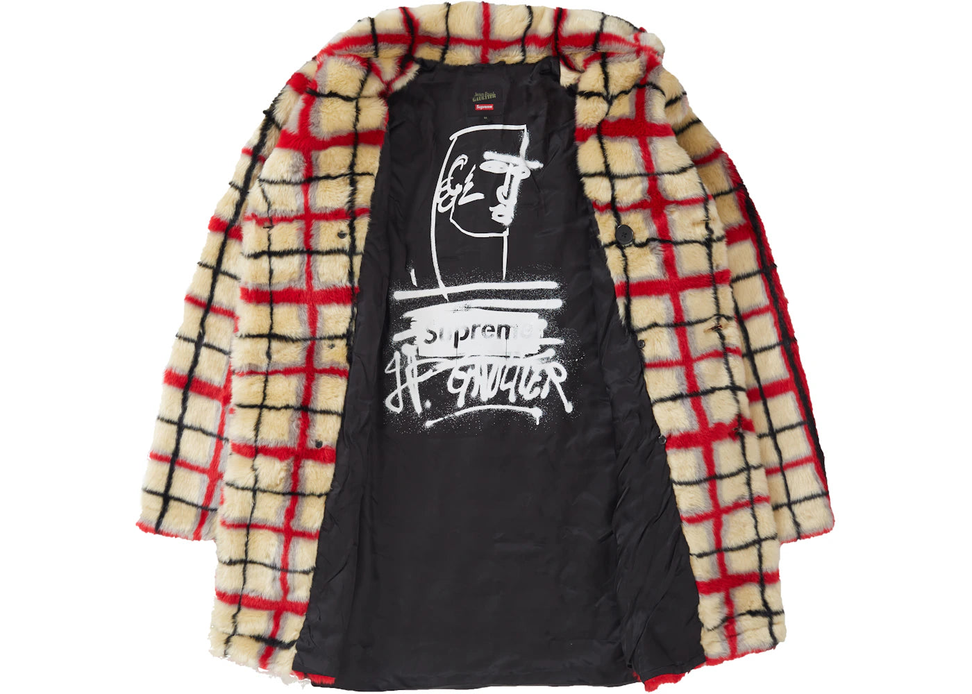 Supreme Jean Paul Gaultier Double Breasted Plaid Faux Fur Coat OffWhite - vue secondaire A