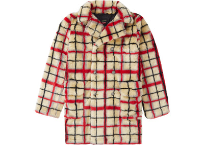 Supreme Jean Paul Gaultier Double Breasted Plaid Faux Fur Coat OffWhite
