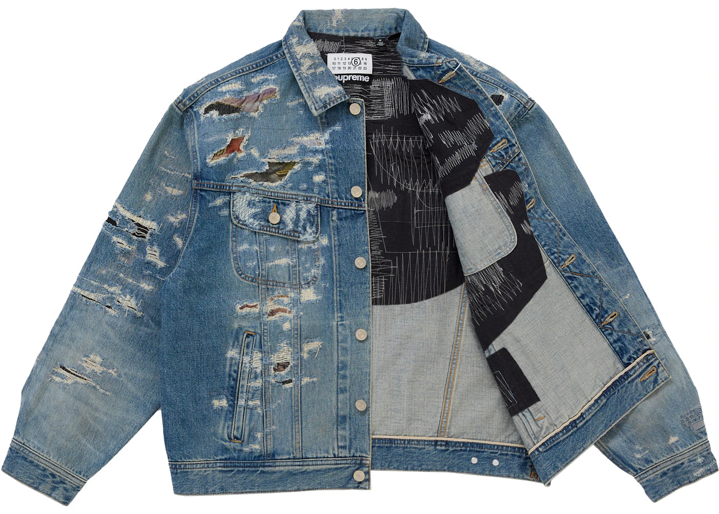 Supreme MM6 Maison Margiela Distressed Selvedge Denim Trucker Jacket Blue - vue secondaire B