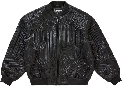 Supreme Mister Cartoon Embroidered Leather Jacket Black