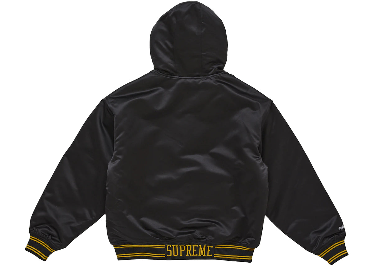 Supreme Mitchell & Ness Lined Hooded Satin Varsity Jacket Black - vue secondaire B
