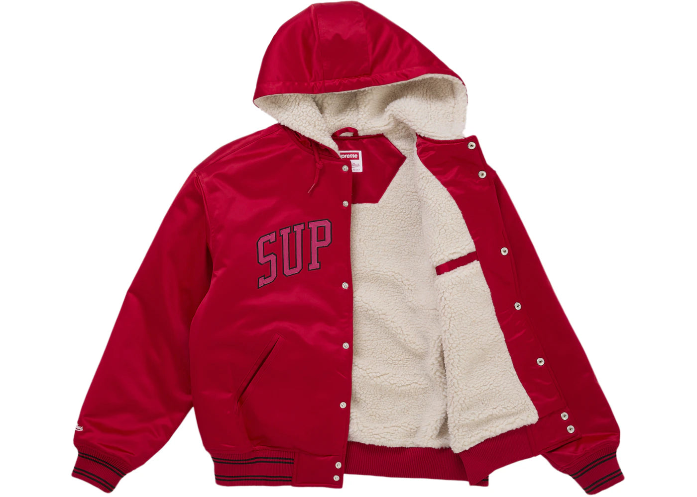 Supreme Mitchell & Ness Lined Hooded Satin Varsity Jacket Red - vue secondaire B