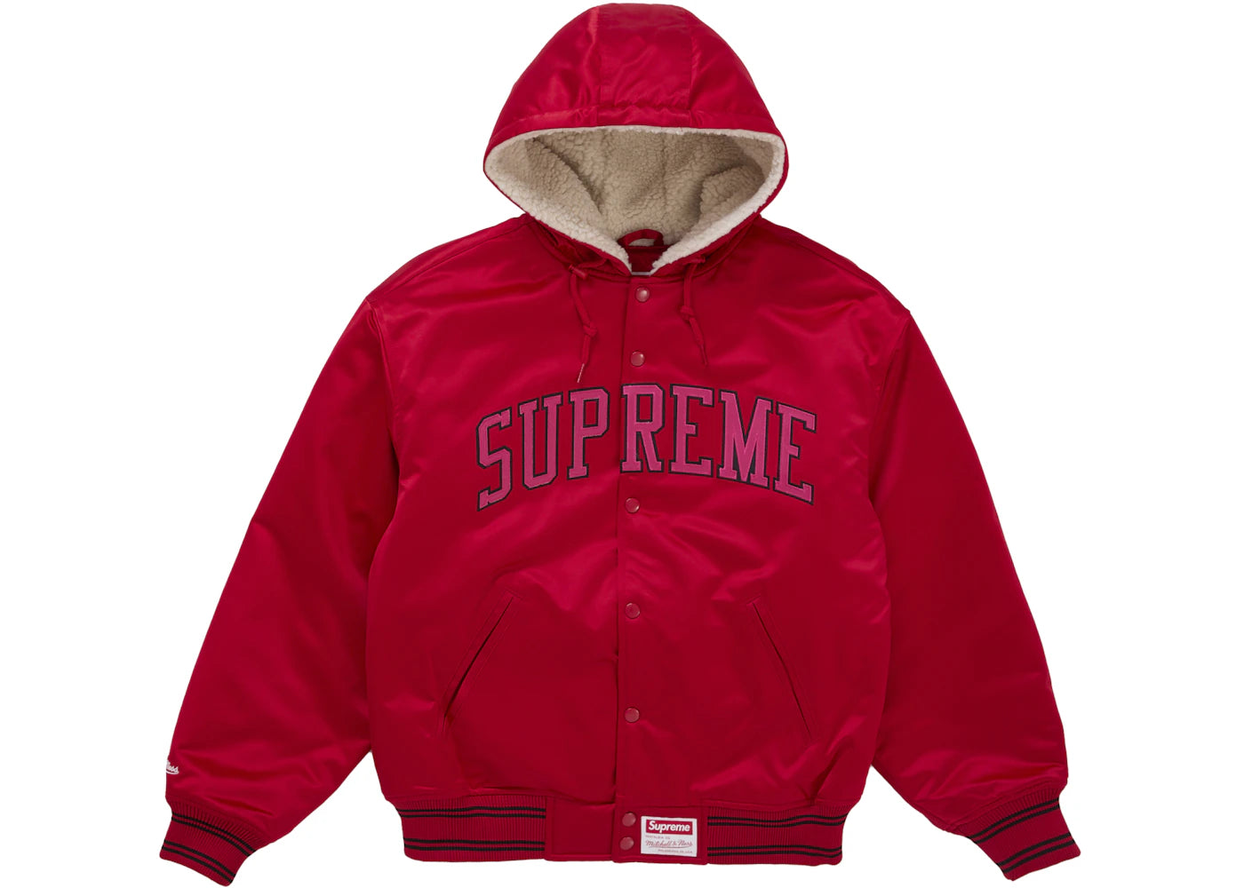 Supreme Mitchell & Ness Lined Hooded Satin Varsity Jacket Red - vue secondaire A