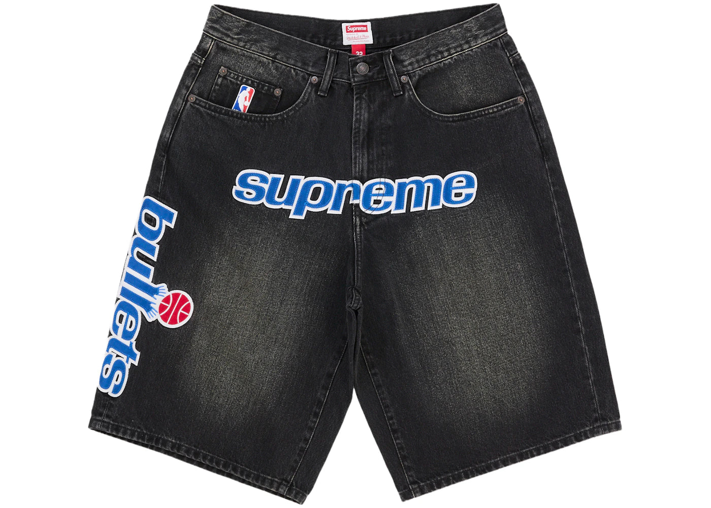 Supreme Mitchell & Ness Washington Bullets Baggy Denim Short Black - vue 360