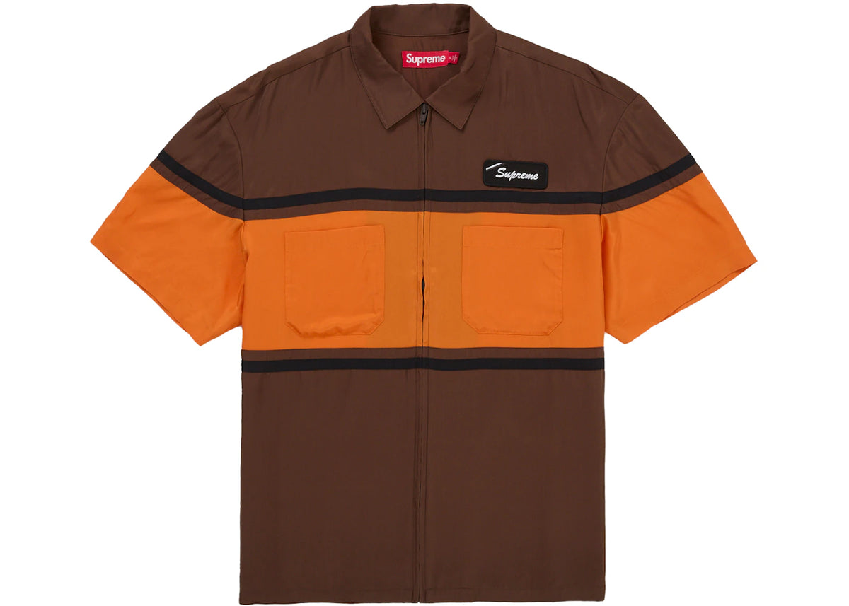 Supreme Silk Zip Up S/S Shirt Brown - vue secondaire A