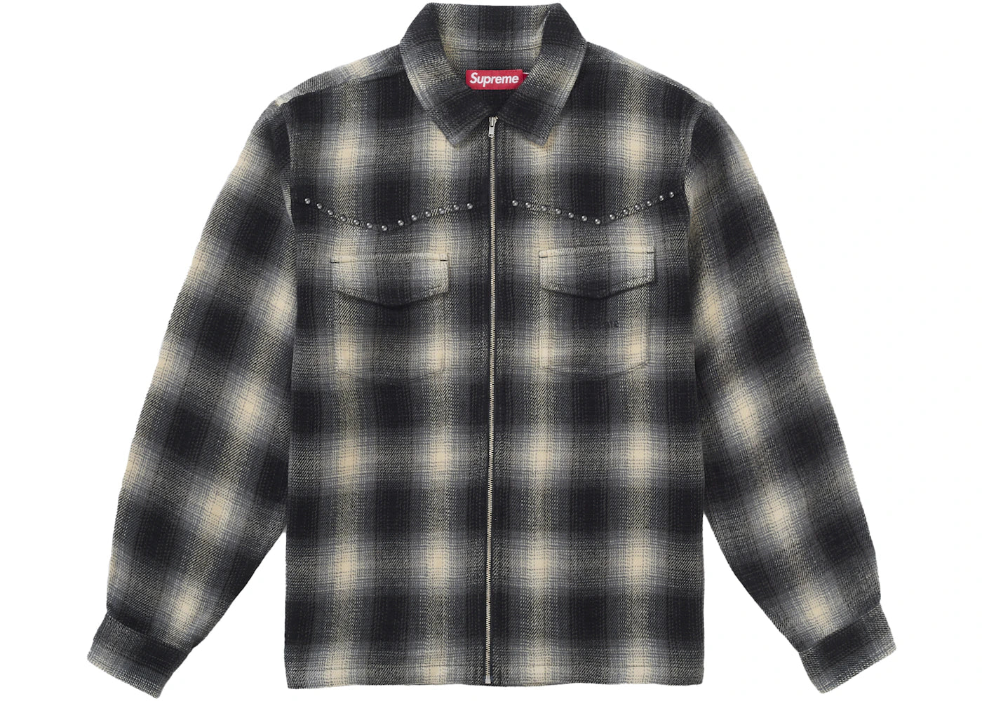 Supreme Studded Shadow Plaid Zip Up Shirt Black - vue 360