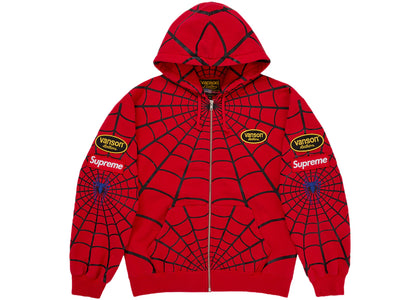 Supreme Vanson Leathers Spider-Man Zip Up Hooded Sweatshirt Red - authentic Supreme apparel