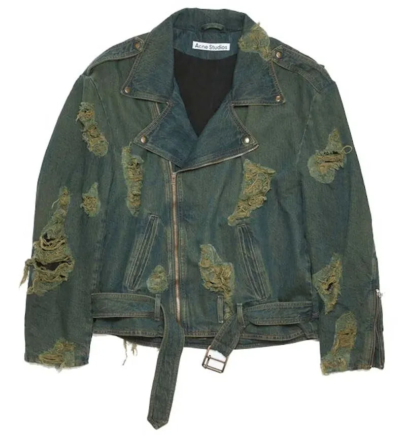 Acne Studios Distressed Denim Biker Jacket Blue/Green - vue 360