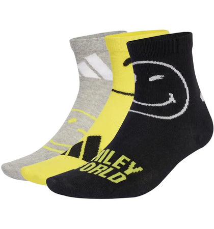 adidas Smiley Socks (3 Pair) Medium Grey Heather Bright Yellow Black - authentic adidas product