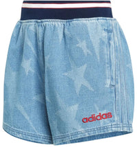 adidas Women's Denim Graphic Varsity Shorts Medium Blue Denim