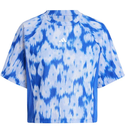 adidas Women's Train Essentials Allover Print Flower Tie-Dye T-Shirt Semi Lucid Blue - authentic adidas apparel
