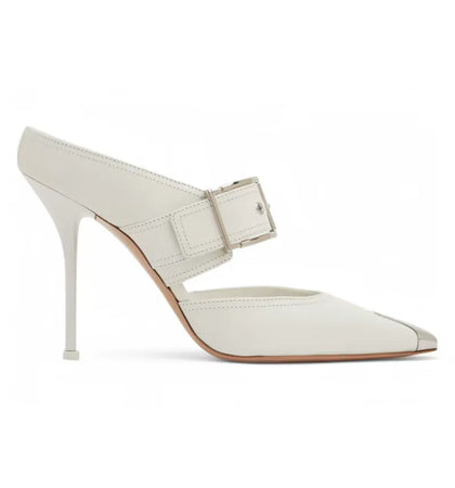 Alexander McQueen Punk Buckle Mules New Ivory Silver (Women's) - authentic Alexander McQueen sneakers