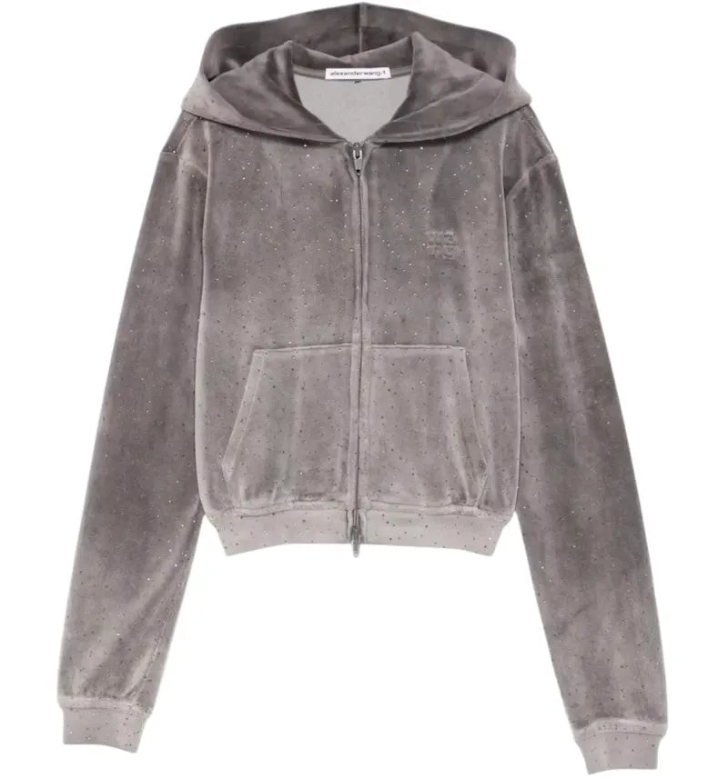 Alexander Wang Women's Allover Hotfix Shrunken Zip Up Hoodie Titanium - vue 360