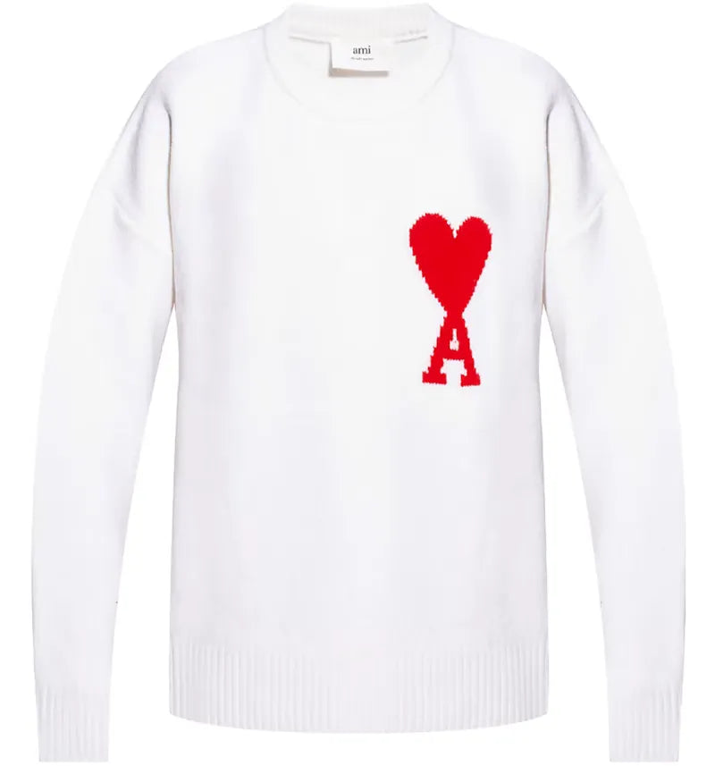 Ami Paris Ami De Coeur Merino Wool Oversized Crewneck Sweater White/Red - vue 360