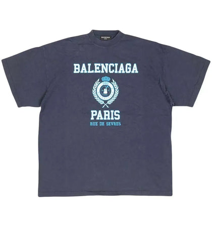 Balenciaga College Crest Crinkled T-shirt Ocean Blue - authentic Balenciaga apparel