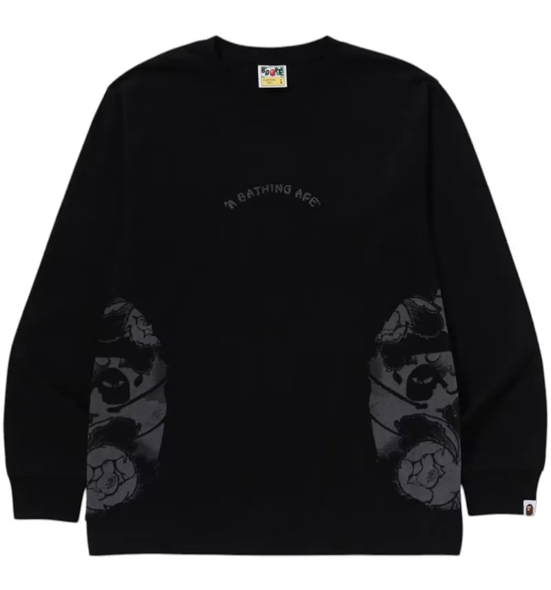 BAPE A Bathing Ape Japanese Tattoo Side Big Ape Head Long Sleeve Tee Black - vue 360