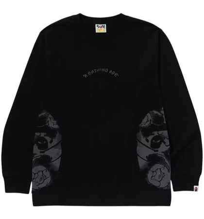 BAPE A Bathing Ape Japanese Tattoo Side Big Ape Head Long Sleeve Tee Black - authentic BAPE product