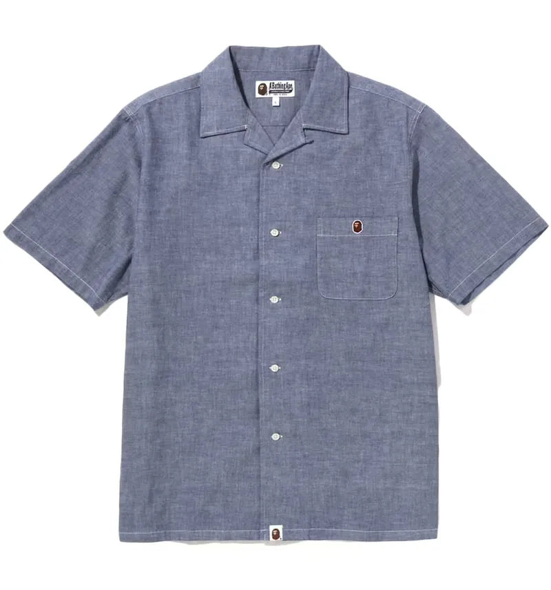 BAPE Ape Head One Point Open Collar Shirt Light Indigo - vue 360