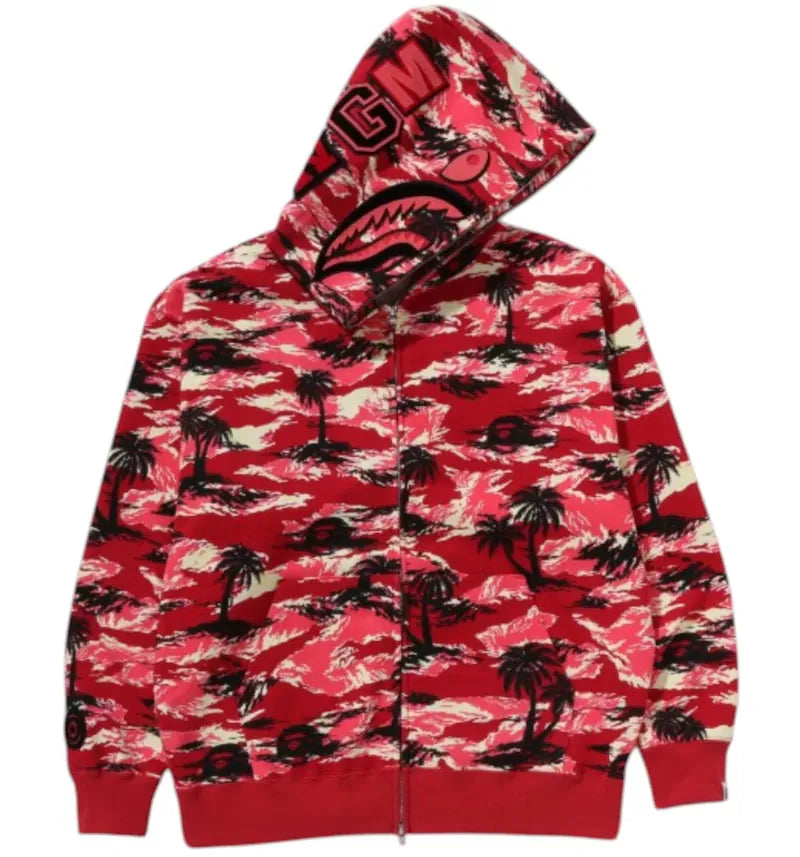 BAPE Palm Tree Camo Relaxed Fit Shark Full Zip Hoodie Red - vue 360