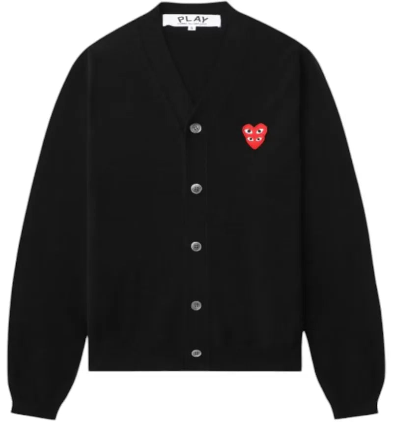 Comme des Garcons PLAY Merged Heart Emblem V-Neck Cardigan Sweater Black - vue 360