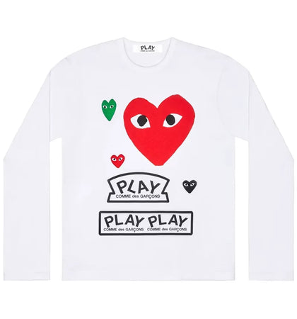 Comme des Garcons Play Multi Logo Red Heart Long Sleeve T-shirt White - authentic Comme des Garcons PLAY apparel