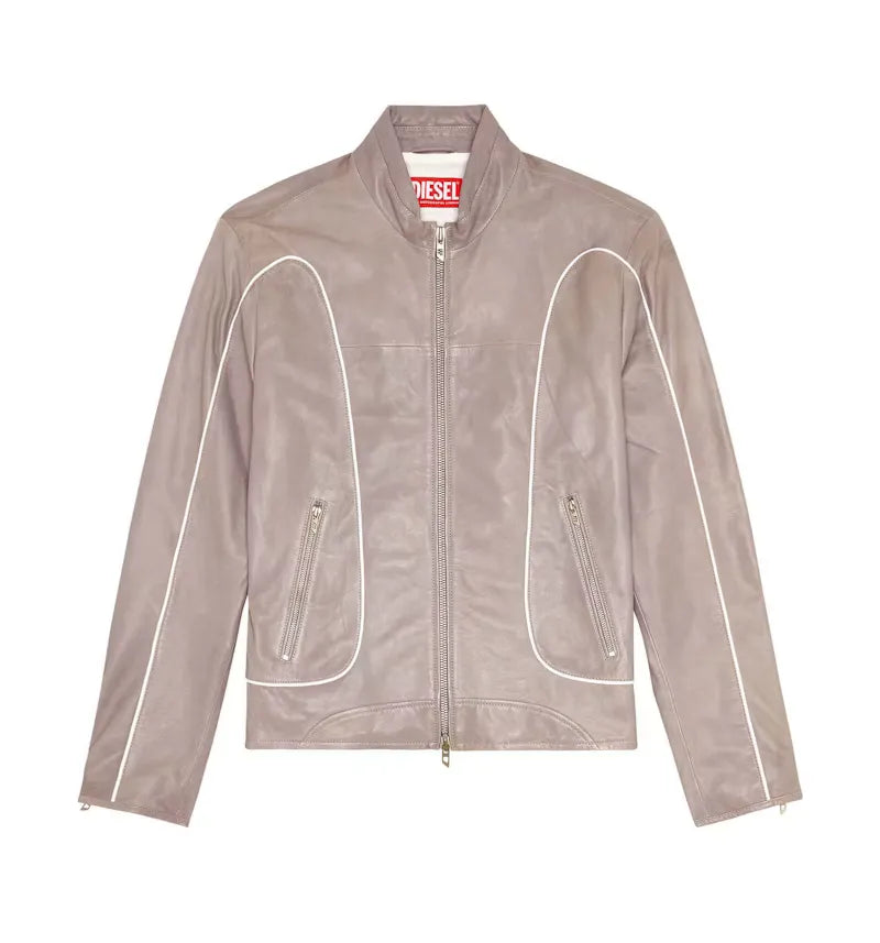 Diesel L-Krix Leather Biker Jacket with Piping Light Grey - vue 360