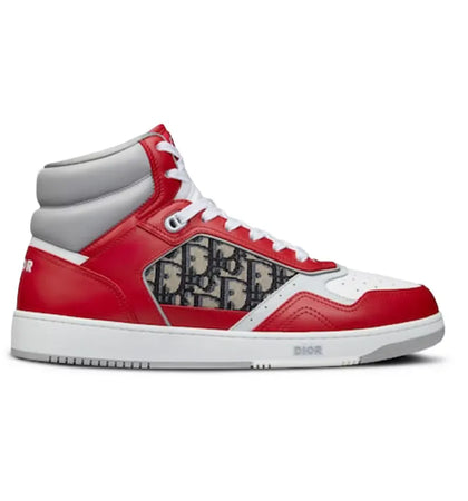Dior B27 High Red Gray and White Smooth Calfskin with Beige and Black Dior Oblique Jacquard - authentic Dior sneakers