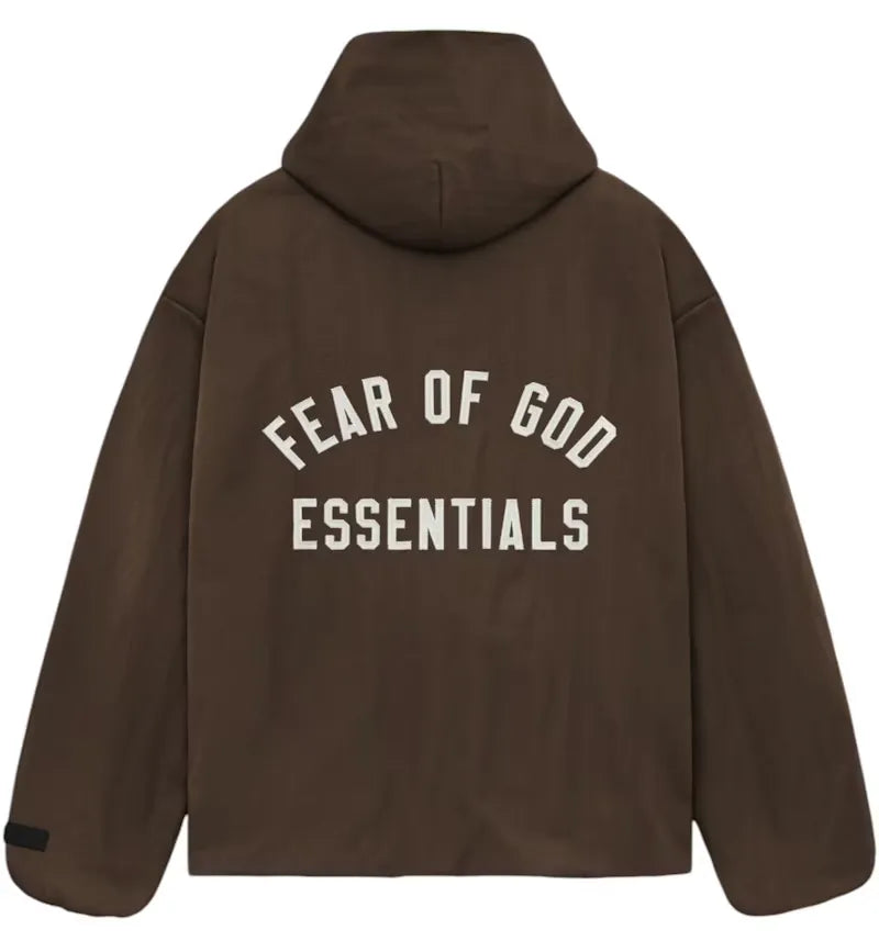 Fear of God Essentials Textured Nylon Hooded Coaches Jacket Brown - vue 360