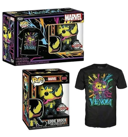 Funko Pop! Tees: Marvel Eddie Brock/ Venom (Black Light) (Special Edition) Figure #869 - authentic Funko product