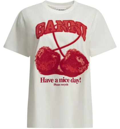 Ganni Cherries Crewneck T-shirt White - authentic Ganni apparel