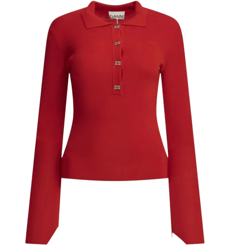 Ganni Merino Wool Polo Sweater Red - vue 360