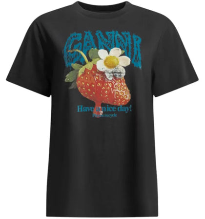 Ganni Strawberry Crewneck T-shirt Black - authentic Ganni apparel