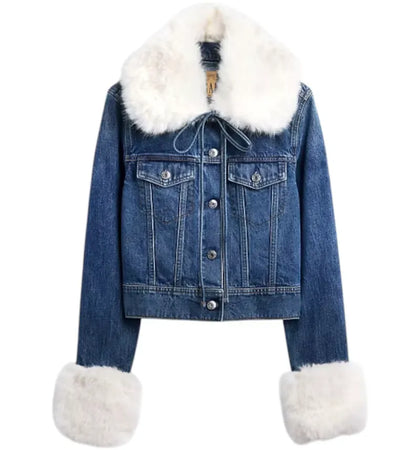 Gap x Sandy Liang Women's Vegan Fur Crop Denim Jacket Starry Eye Blue - authentic Gap apparel