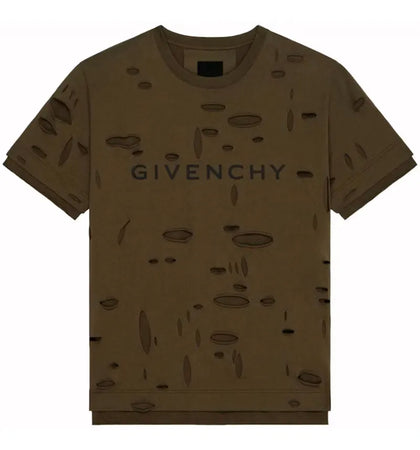 Givenchy 2 Layers Classic Fit Hole T-Shirt Khaki - authentic Givenchy apparel