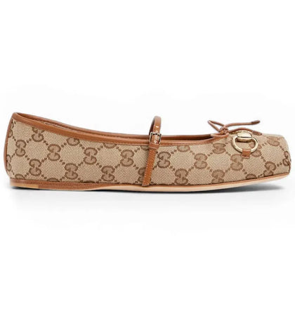 Gucci Horsebit Ballet Flat Beige Dark Brown GG Canvas (Women's) - authentic Gucci sneakers