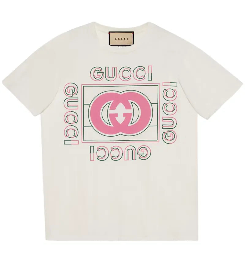 Gucci Women's Oversized Vintage Logo Print T-Shirt Off White/Pink/Green - vue 360