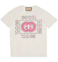 Gucci Women's Oversized Vintage Logo Print T-Shirt Off White/Pink/Green