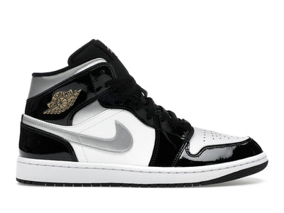 Jordan 1 Mid SE Patent Schwarz Weiß Metallic Silber Metallic Gold