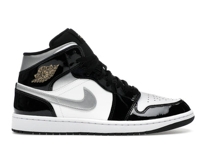 Jordan 1 Mid SE Patent Black White Metallic Silver Metallic Gold - authentic Jordan sneakers