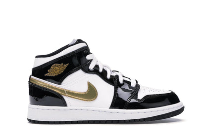 Jordan 1 Mid Patent Black White Gold (GS) - authentic Jordan sneakers