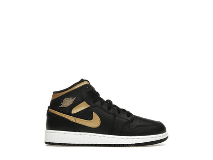 Jordan 1 Mid Black Metallic Gold Swoosh (GS) - authentic Jordan sneakers