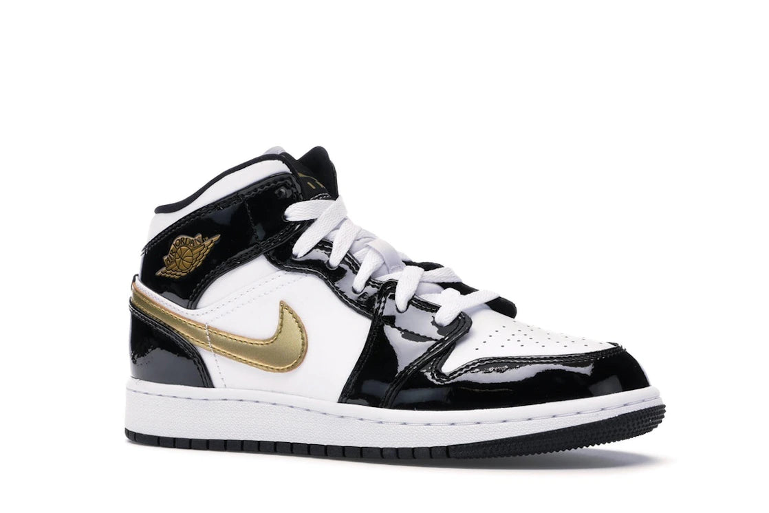 Jordan 1 Mid Patent Black White Gold (GS) - vue secondaire A